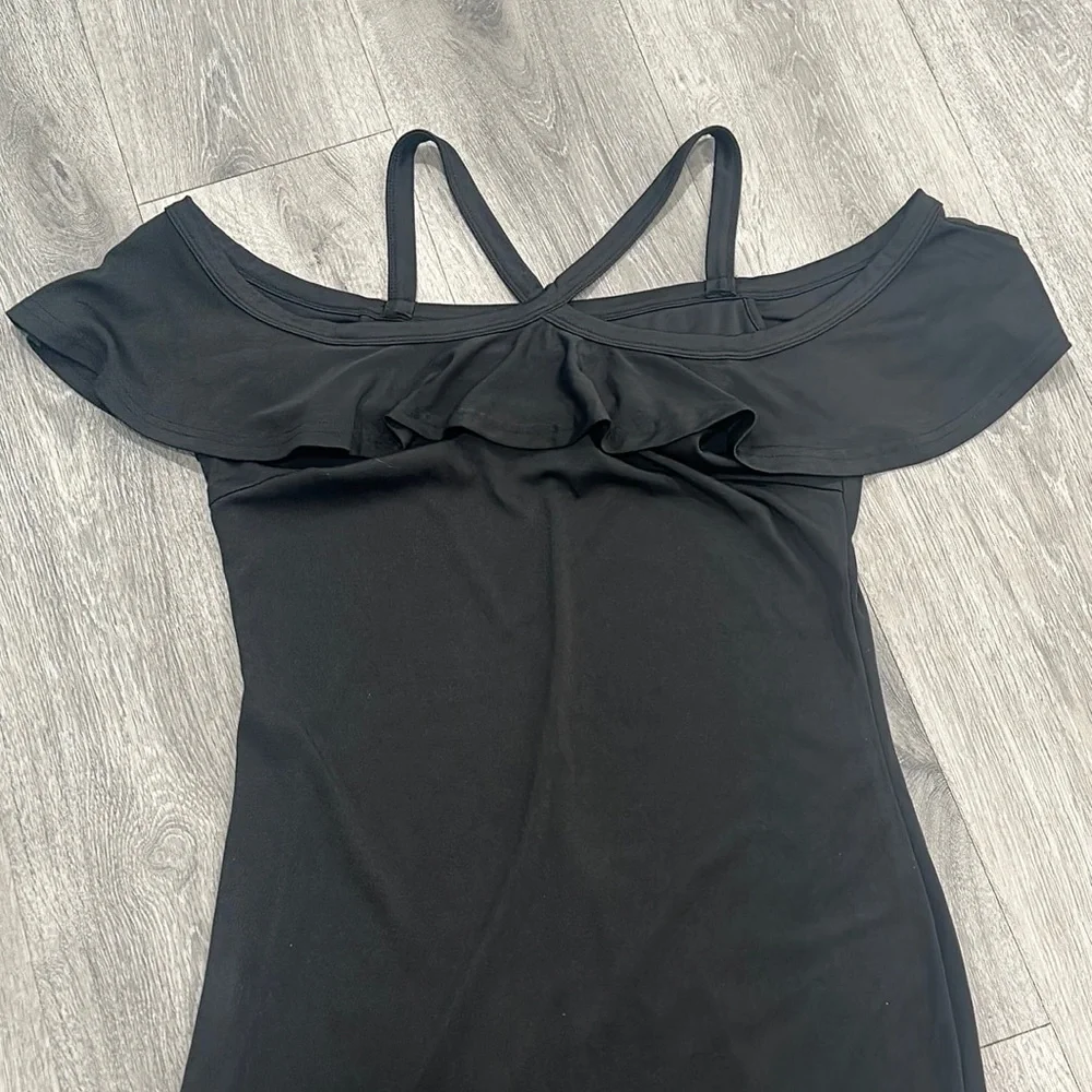 Women’s Black Midi Criss Cross Wedding Guest Cocktail Ruffle Party Dress Large